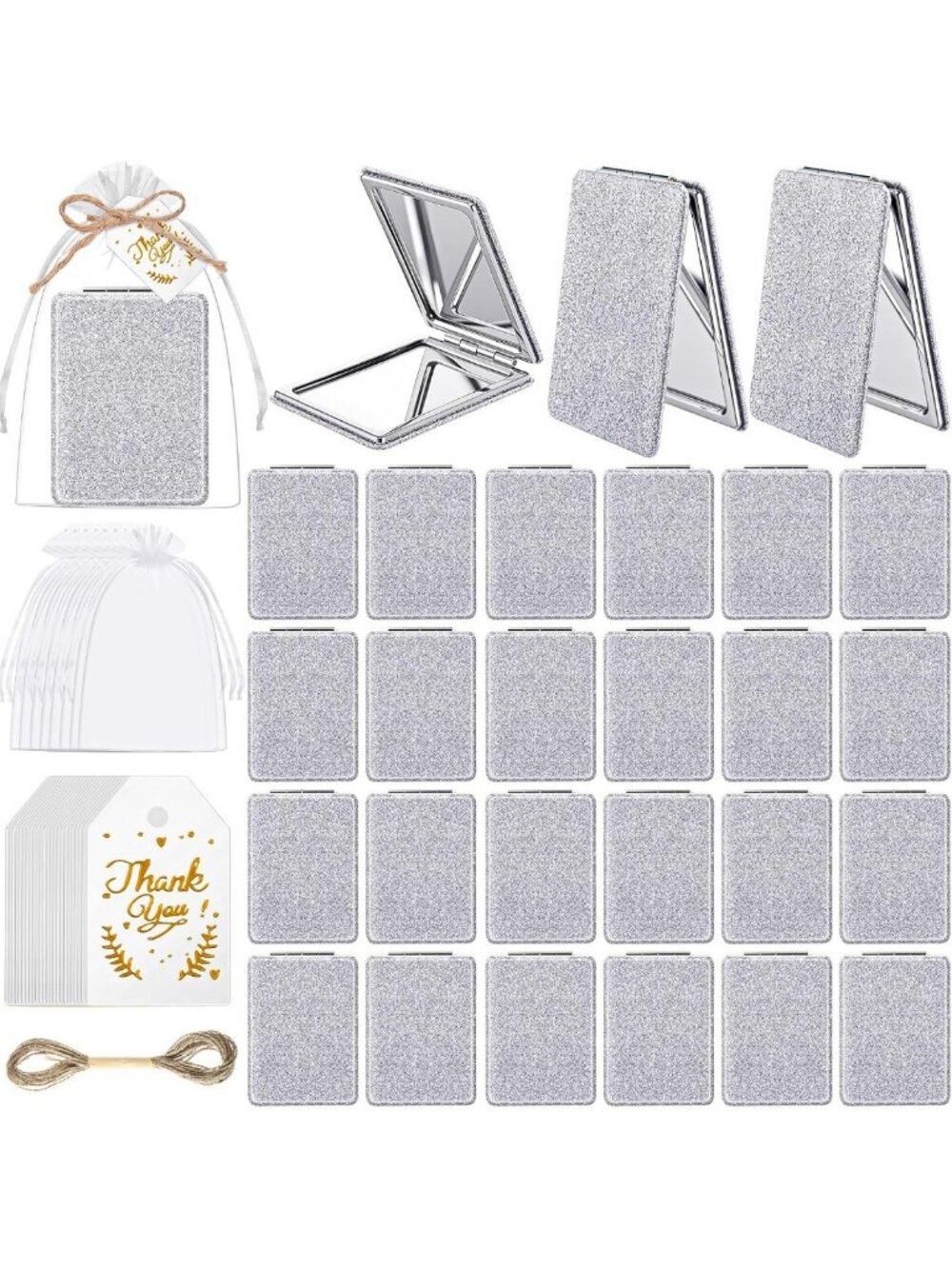 24 Sets Silver Compact Mirrors for Women - 1x/2x Magnification, Glitter PU